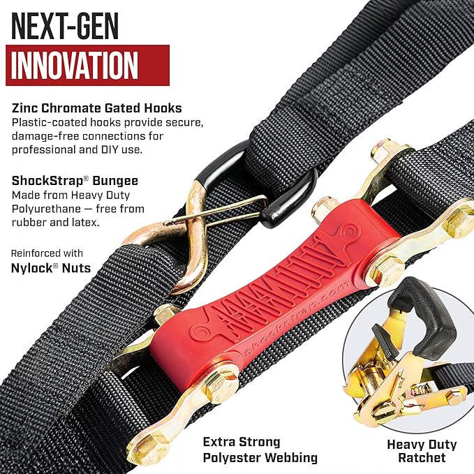 SHOCKSTRAP Ratchet Strap, 7’ x 1.5" Shock Absorbing Heavy Duty Tie downs for Cargo, 1,000 LB WLL / 3,000 LB Break Strength, 4-Pack