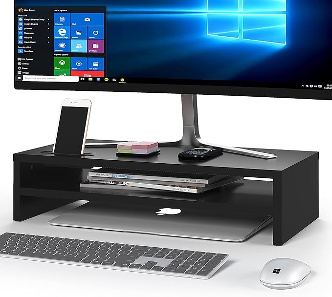 BONTEC Wood Monitor Stand Riser, 2-Tier Desktop Organizer with Storage, Ergonomic Computer Stand for Desk, Cable Management, Cellphone Holder, 21.3 Inch Shelf, Black | Ergonomic Computer Stand for Desk, Cable Management, Cellphone Holder, 21.3 Inch She...