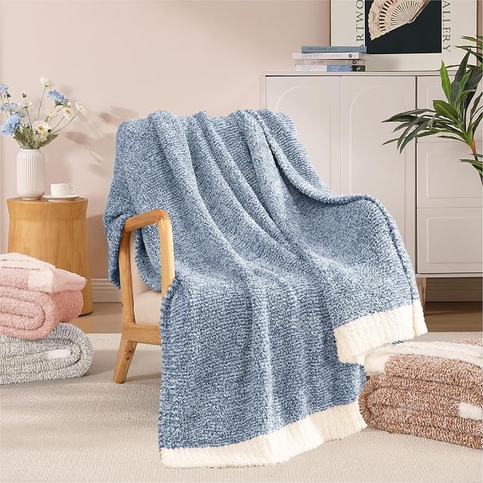 Soft Throw Blanket for Couch-Cozy Reversible Knitted Blankets | Lightweight Warm Fluffy Decor for Women, Mom, Her & Girls, Sofa, Chair, Bed, 50x60in, Cationic Dyeing Blue