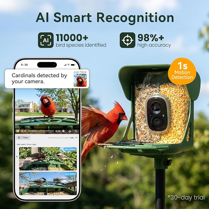 Smart Bird Feeder with Camera, AI Identify Birds Species, 2K HD Color Night Vision, IP65 Waterproof Solar Powered Bird Feeder with 142�� Wide Angle, Auto Capture & Real-Time Notifications, Ideal Gift