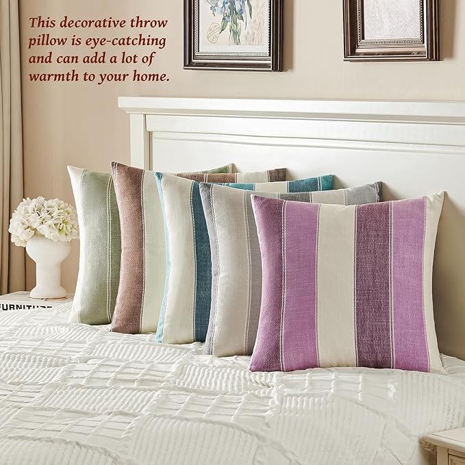 Pack of 2 Farmhouse Stripe Check Throw Pillow Covers Set Case Cotton Linen Decorative Pillowcases Cushion Cover for Couch Bench Sofa 22x22 Inch Sage Green