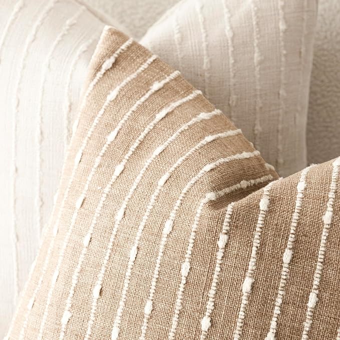 Foindtower Pack of 2 Decorative Jacquard Boucle Throw Pillow Covers Accent Textured Striped Pillowcases Cozy Modern Cushion for Couch Sofa Bedroom Living Room Home Decor 18x18 Inch Camel