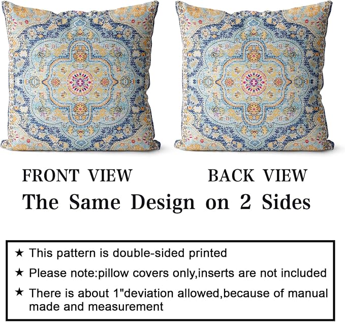 Snycler Boho Throw Pillow Covers 18x18 inch Set of 2 Burnt Blue Yellow Terracotta Rust Colored Throw Pillows Boho Home Decor for Bedroom Living Room Couch & Sofa (No Inserts)