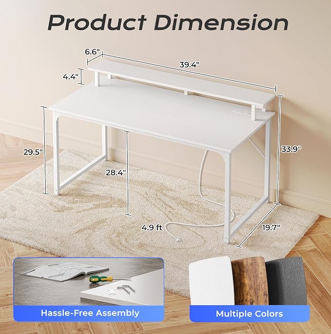 PRAISUN 40 inch Gaming Desk, LED & Power Outlets, Monitor Stand, White | Sturdy PC Desk for Home Office, Study & Work, LED Lights, 4 AC Outlets & USB-C Charging Station