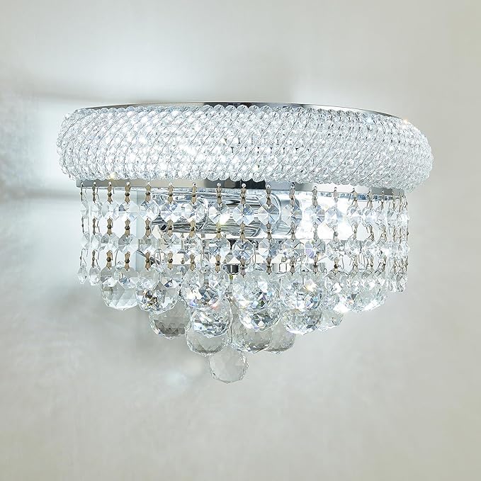 2-Lights Empire Crystal Wall Sconce Light for Living Room Dining Room Bathroom Vanity Mirrors Hallway Bedroom Closet Stairway (Chrome)