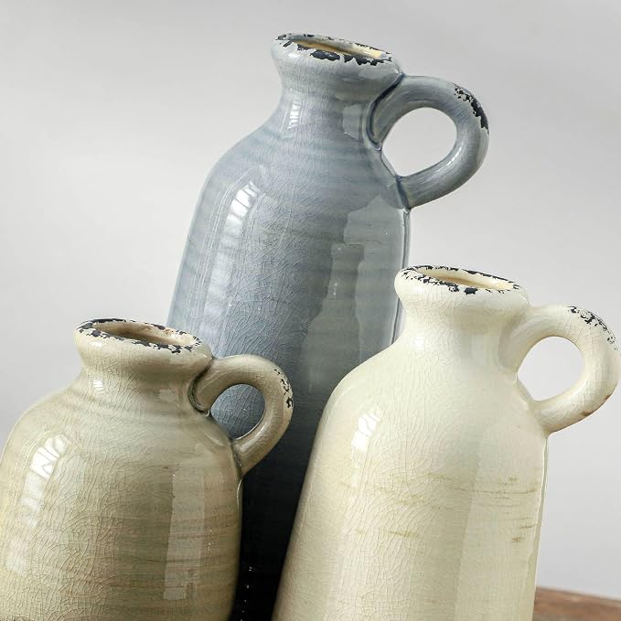 Ceramic Vases Set of 3, Neutral Rustic Farmhouse Vase with Handle, Decorative Flower Vases Home Decor Modern Boho Pampass Vase for Table Mantel Entryway Shelf Living Room Kitchen Bathroom - Ocean