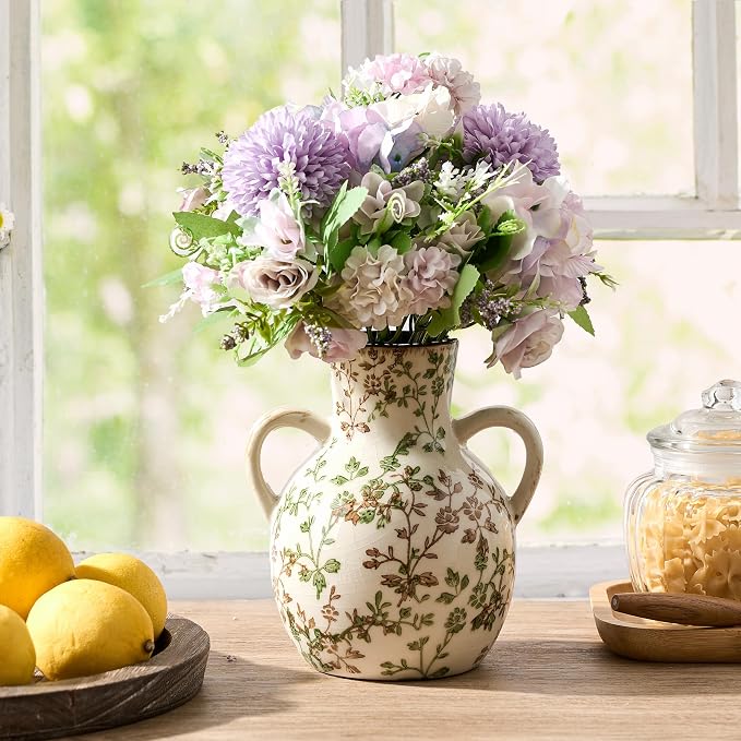 SIDUCAL Ceramic Green and Beige Retro Vase with Handles, 7 Inch Ice Cracked Vintage Pastoral Vase, Rustic Farmhouse Vases for Home Decor, Table, Living Room, Shelf Decor, Chinoiserie Decor