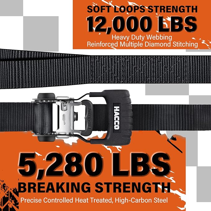 HACCOPLANET Ratchet Straps, 5280lb Break Strengeth, 16FT x 1.6" Heavy Duty Ratchet Tie Down Strap Set w/Padded Handle, S Hook, Soft Loop for UTV Motorcycle Truck Cargo Straps (Black, 16FT)
