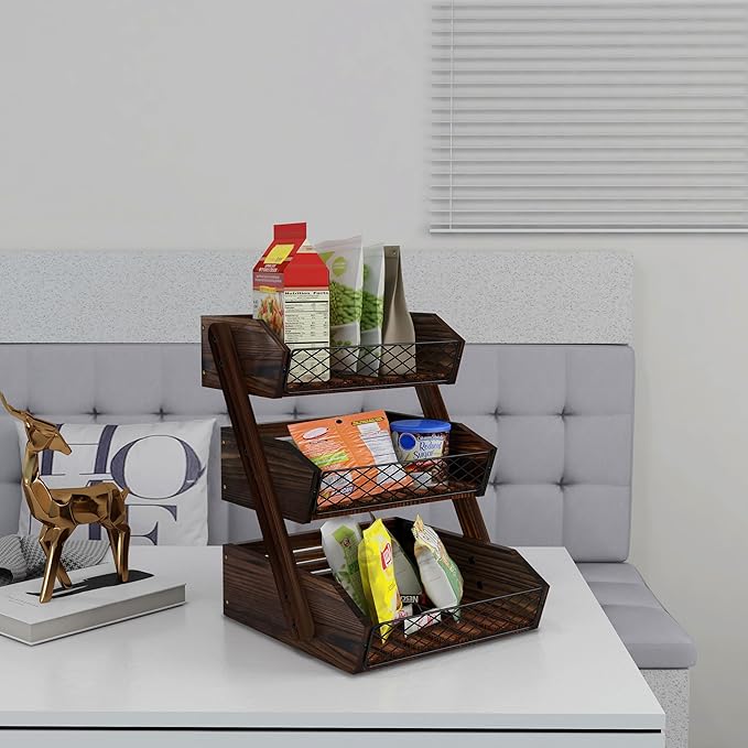 Dorhors Fruit Basket for Kitchen, 3 Tier Fruit Bowl for Kitchen Counter,Wooden Vegetable Holder for Countertop