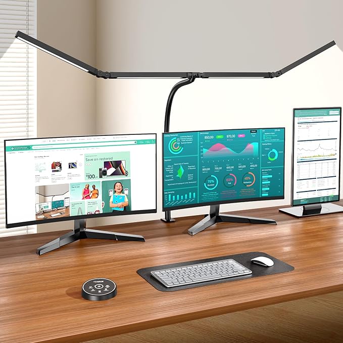 Pzloz Led Desk Lamps for Home Office - Eye Caring Architect Lamp with Clamp, Double Head Computer Monitor Work Desk Light with Remote Control: 24W Flexible Dimmable Desktop Table Lamp