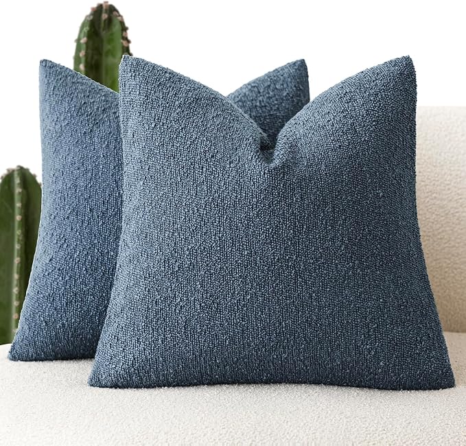 Foindtower Set of 2, Decorative Textured Boucle Throw Pillow Covers Accent Solid Pillow Cases Neutral Couch Cushion Case for Chair Sofa Bedroom Living Room Home Decor 16x16 Inch Dark Blue
