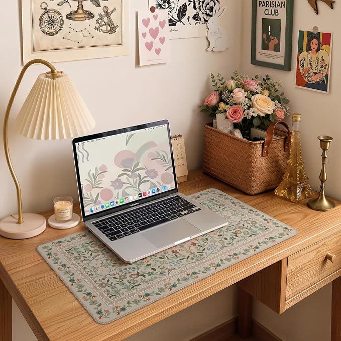 iCasso Aesthetic Flower Mouse Pad for Laptop, 23.6x13.7in Desk Pad, Beige | Desk Matt for Desktop,Anti-Slip Mousepad with Stitched Edges for Laptop Computer Keyboard