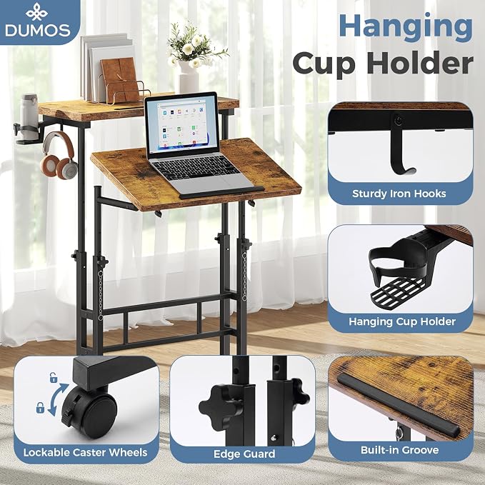 DUMOS Rolling Standing Desk, Sit Stand Desk, Computer Cart | 23.6 Inch Width, Height Adjustable, Split Top, Mobile Laptop Workstation, Office Table, Portable Design, Rustic Brown