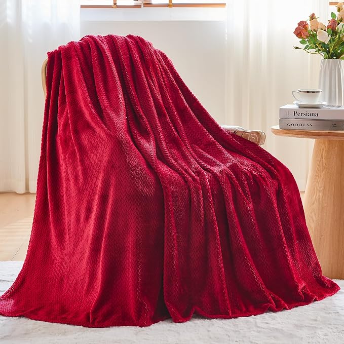 NEWCOSPLAY Fleece Leaves Pattern Throw Blanket, Red, 50"x60" | Super Soft Throw Blanket, Lightweight Cozy Bed Sofa Blanket, Premium Silky Flannel Fleece, Travel Blanket for All Season Use