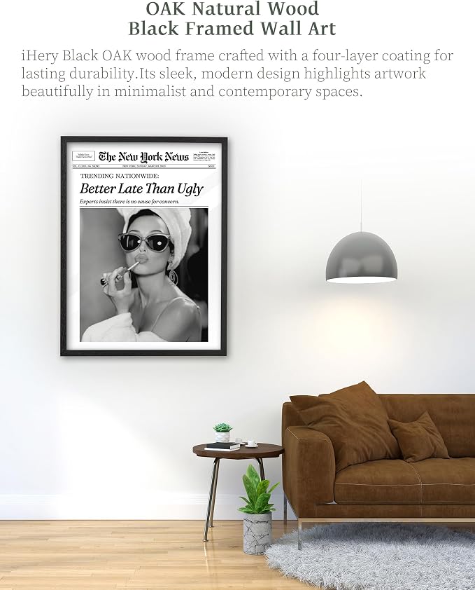 iHery 18x24in Audrey Hepburn Better Late Than Ugly Framed Bathroom Art | Premium Black Natural OAK Wood Frame with Canvas Print, Vintage Fashion Wall Decor for Bedroom, Apartment Girl Dorm, 1Pack