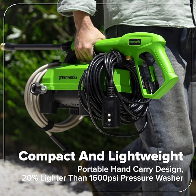 Greenworks 1700 PSI and 1.2 GPM Pressure Washer - Ultra Compact & Lightweight, Ideal for Cleaning patios, Decks, Sidewalks, Outdoor Furniture, Bikes, Cars, and Small Driveway Areas.
