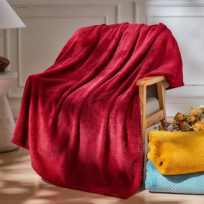 NEWCOSPLAY Fleece Leaves Pattern Twin Blanket, Red, 60"x80" | Super Soft Throw Blanket, Lightweight Cozy Bed Sofa Blanket, Premium Silky Flannel Fleece, Travel Blanket for All Season Use