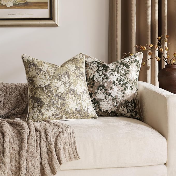 Pack of 2 Vintage Floral Euro Sham Covers 24x24 Boho Farmhouse Accents Chenille Square Decorative Throw Pillow Cases for Living Room Couch Bed Home Decor, Green and Taupe
