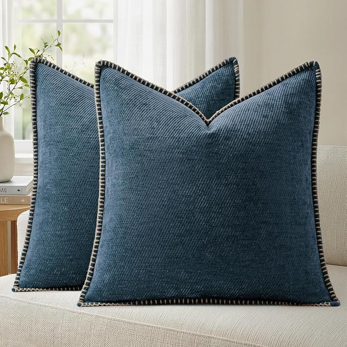a moment Pack of 2 Decorative Chenille Throw Pillow Covers with Twill Cushion Covers for Sofa Living Room Couch Bed 24x24 Inch,Crafted Border Blue