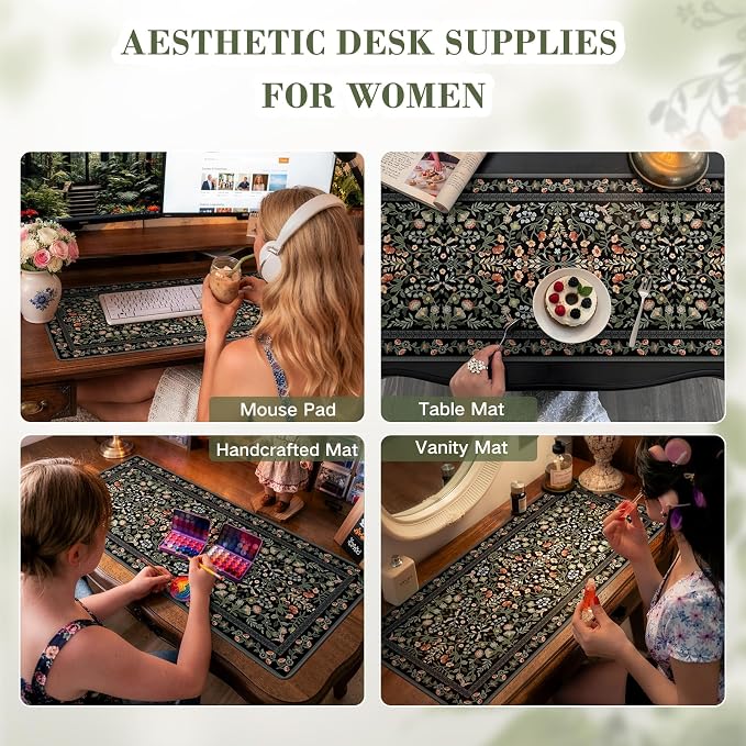 iCasso Floral Desk Mat,Mouse Pad for Office Decor,35.4x15.7in,Black | Back to School Desk Pad Mat, Anti-Slip Big Mousepad with Stitched Edges for Computer Desktop,Smooth Water-Resistant