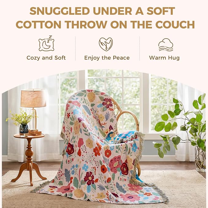 LUTBM Boho Throw Blanket for Couch 50"x60", Cotton Decorative Bed Throws | Reversible Floral Leaves Jacquard, All-Season Lightweight Soft Blankets, For Chair Sofa Bedroom Living Room Decor