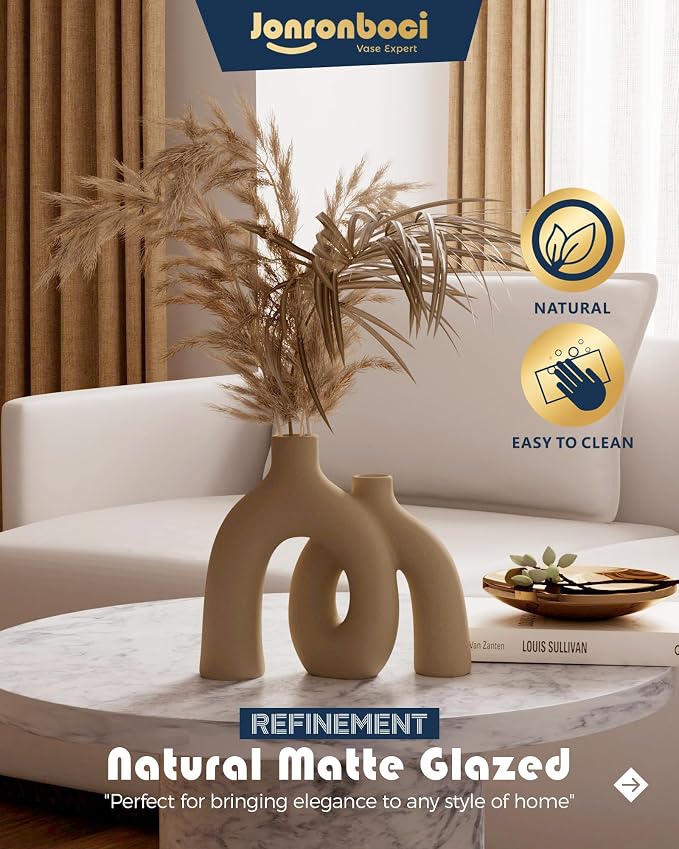 Hug Donut Decorative Vase Set - Tan Modern Rustic Farmhouse Style Vases Home Decor,Matte Ceramic Decorations for Living Room Shelf, Bookshelf Mantle Entryway Table Centerpiece or Console Décor(Brown)