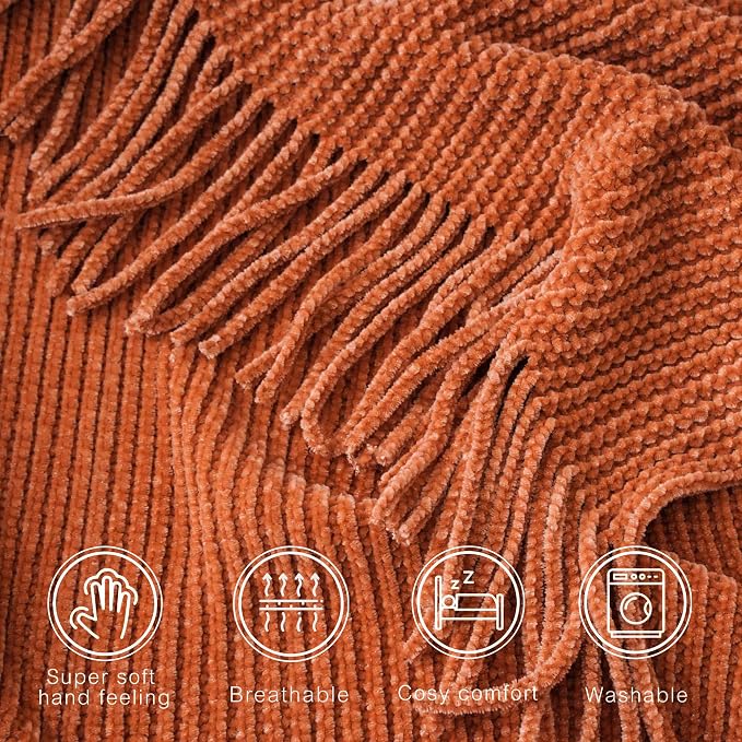 BATTILO HOME Rust Orange Throw Blanket for Couch, 60"x80" | Soft Chenille Throw Blanket with Tassels for Fall Decor, Fall Throw Blanket for Home Decoration
