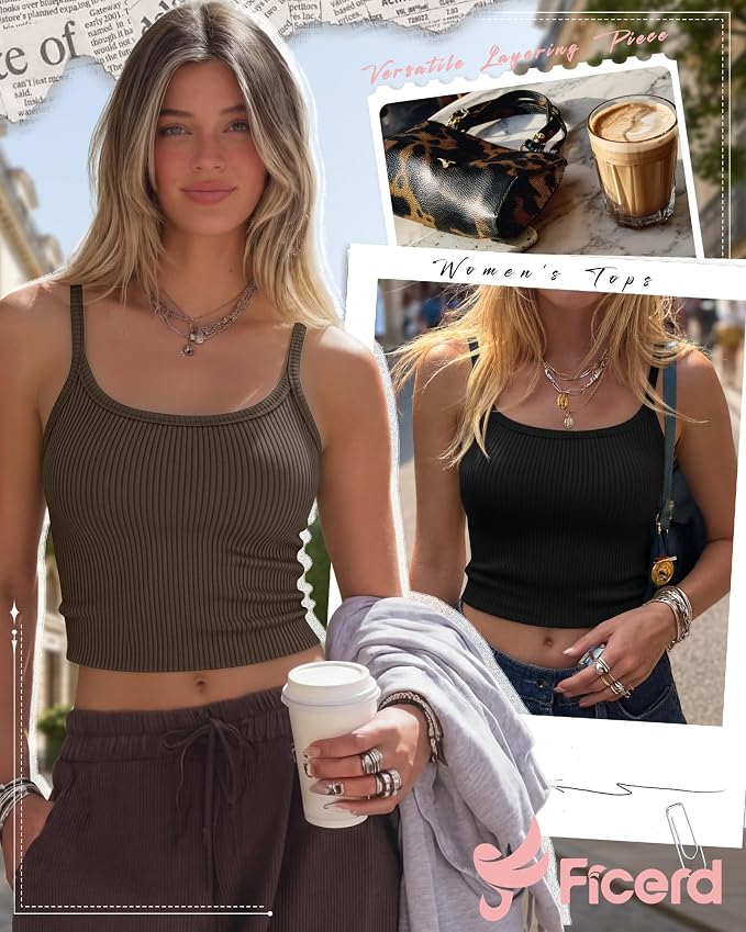 Ficerd 3 Pack Women's Tank Tops 95% Cotton Spaghetti Strap Ribbed Crop Camisole Slim Fitted Basic Summer Sleeveless Layer