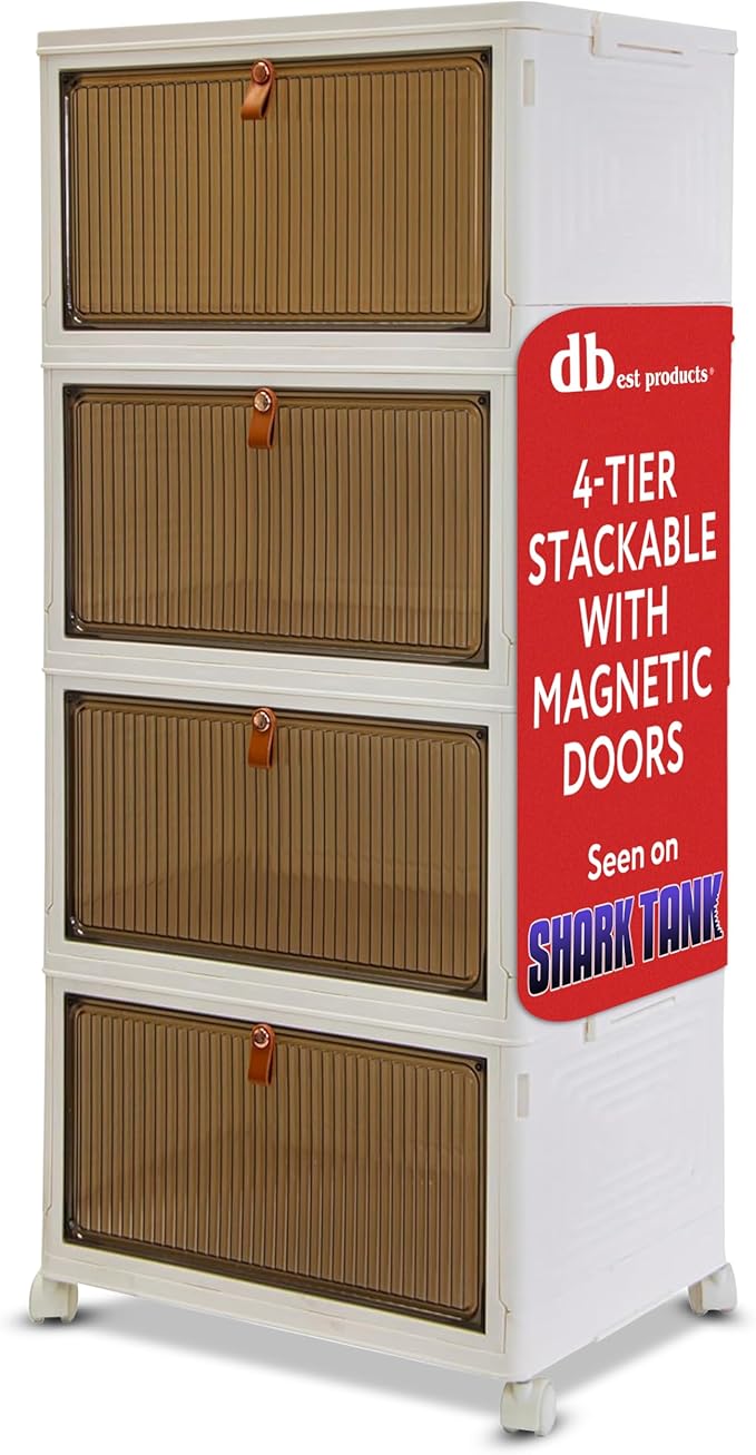 Quik Box Sport 4-Tier Stackable Storage Organizer - 24 Gallon Capacity Collapsible Bins with Magnetic Doors, Space-Saving Vertical Storage for Bedroom, Closet, Dorm Organization