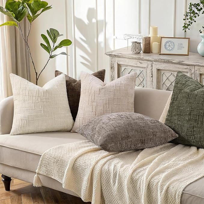 decorUhome Textured Chenille Throw Pillow Covers 26x26 Set of 2 Ivory | Fall Modern Farmhouse Soft Cozy Slubby Couch Pillow Cases Boho Decorative Pillow Cases for Bed Sofa Living Room Home Decor