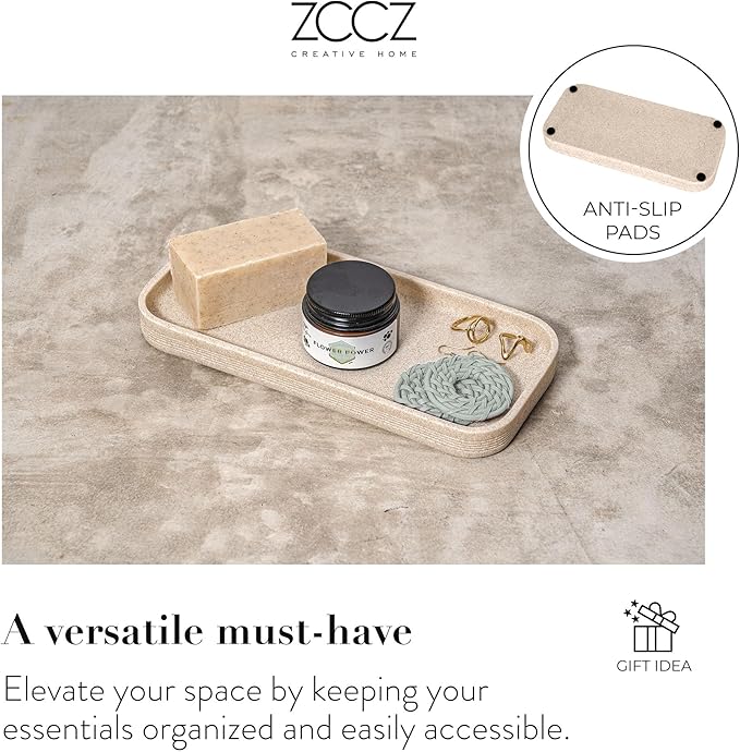 ZCCZ Beige Bathroom Accessories Set 6 Pieces - Toothbrush Holder, Lotion Dispenser, Qtip Container, Vanity Tray, Tumbler - Countertop Organizer for Bathrooms - Elegant and Functional Décor Set