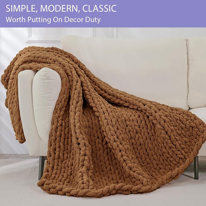 Bigacogo Chunky Knit Throw Blanket for Couch, 40x80 inches, Caramel | Hand Knit with Jumbo Chenille, Soft Breathable Cable Knit for Sofa Bed Living Room, Machine Washable, Gift for Mom Friend