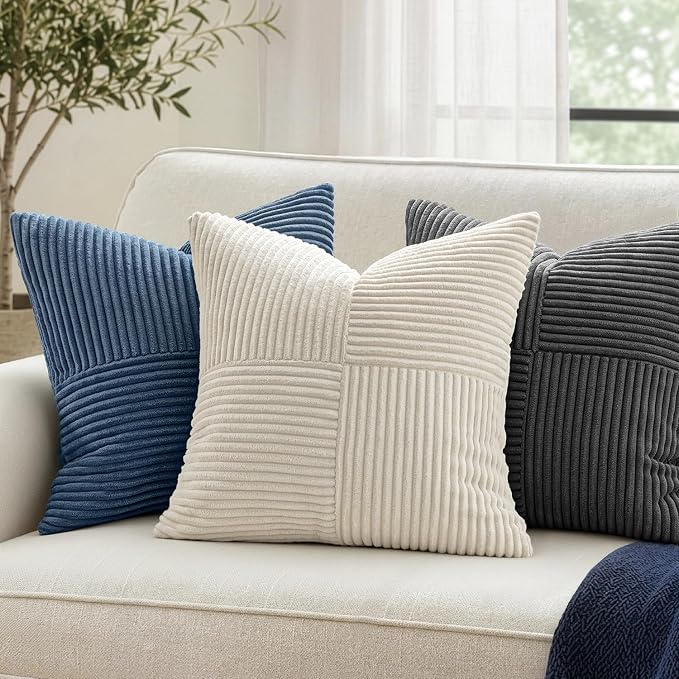 MIULEE Cream White Decorative Throw Pillow Covers for Couch 22x22 Inch | 2 Pack, Beige Neutral Boho Farmhouse Pillow Covers, Soft Cross Corduroy Patchwork Textured Cushion Cases For Bed Sofa