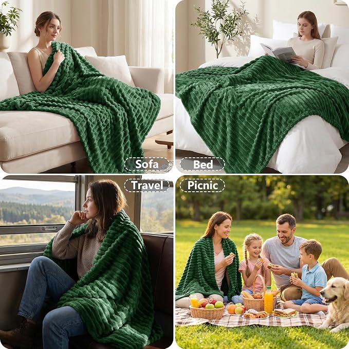 Dark Green Throw Blanket for Couch & Bed, 50 x 60 Inch | 300GSM Ribbed Fleece Blanket, Soft, Cozy & Lightweight, OEKO-TEX Certified, All-Season Use for Travel, Dorm & Home Decor