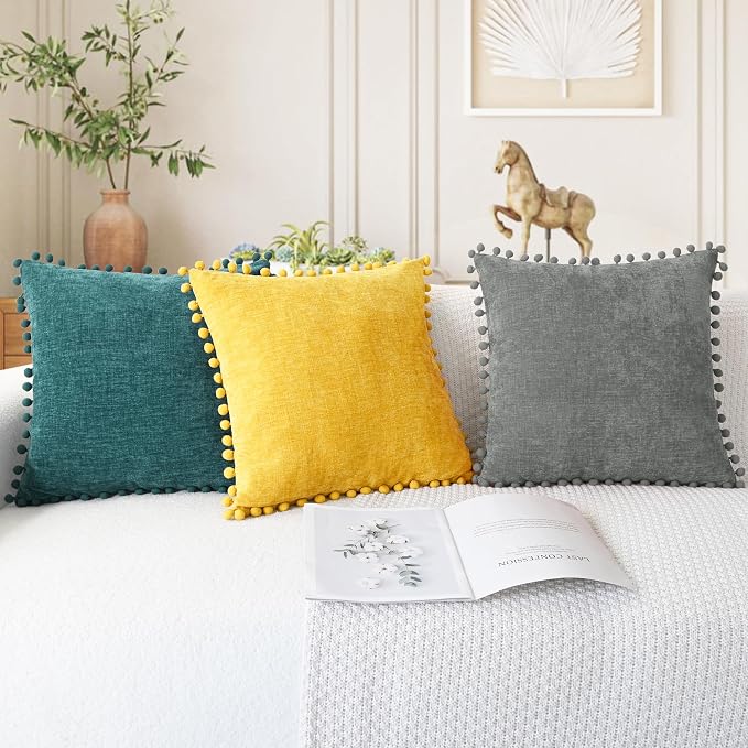 CaliTime Decorative Couch Throw Pillow Covers 16 X 16 Inches Teal | Pack of 2, Cozy Chenille Cushion Cases, with Pom Poms for Sofa Bed Living Room Farmhouse Home