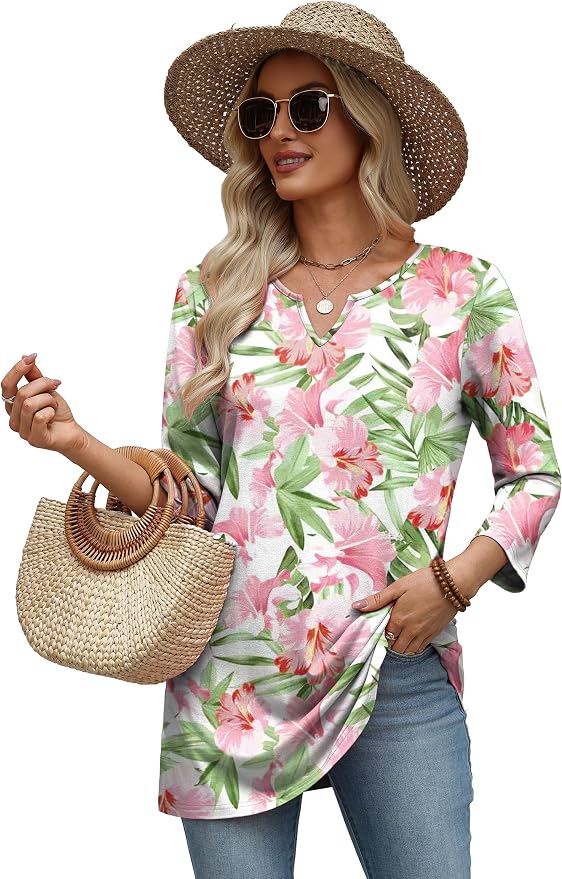 OFEEFAN Summer Boho Tops For Women 3/4 Length Sleeve Womens Tops Vacation Outfits