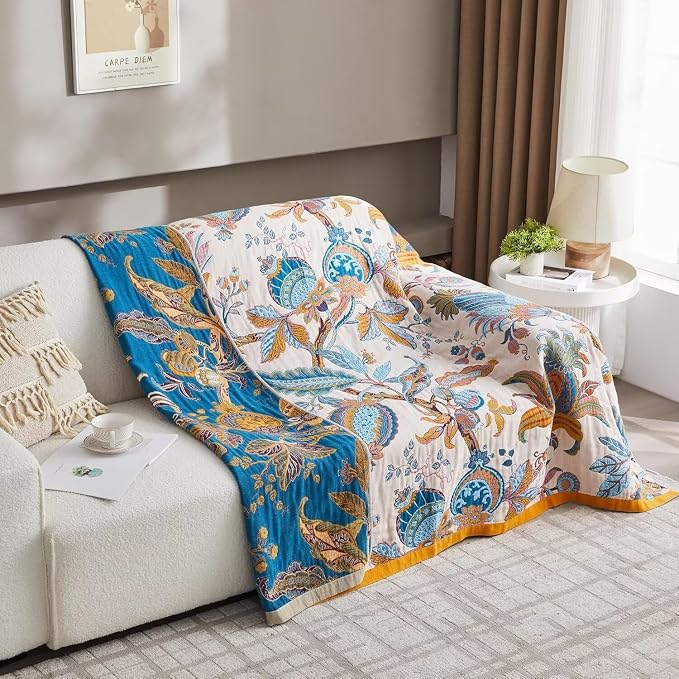 Boho Throw Blanket for Bed 100% Cotton Bohemian Blankets Ultra Soft Woven Muslin Decorative Blankets All Seasons Vintage Quilt Knitted Blanket for Sofa Chair(Beige, 50"x60")