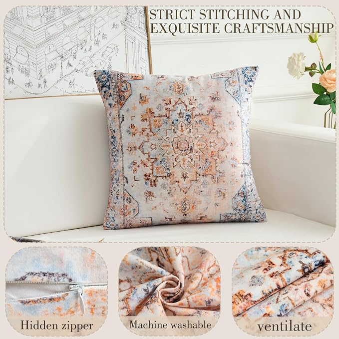 Boho Throw Pillow Covers 18x18 inch Set of 2,Boho Vintage Carpet Pattern Antique Ethnic Decor Double Sided Pattern Cushion Cover Soft Pillow Case Living Sofa Room Bed Square Pillow Cover