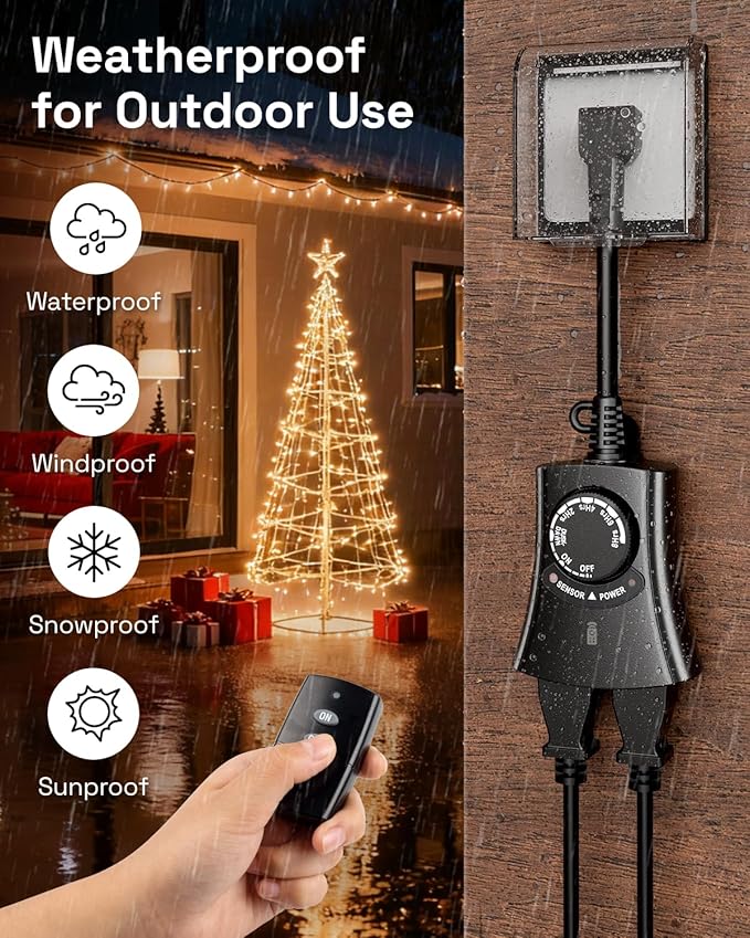 HBN Outdoor Light Timer with Remote Control, Waterproof Light Sensor Timer, 100 ft Wireless Range, 2 Grounded Outlets for Christmas Lights, 15A 1/2HP Heavy Duty