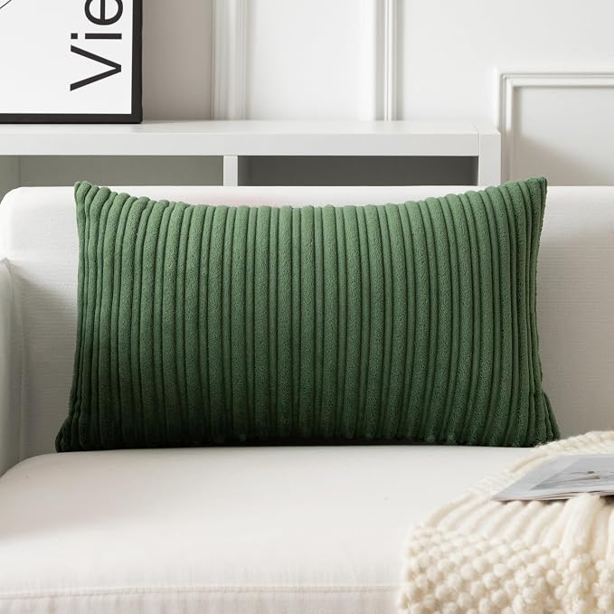 UGASA 12x24 Inch Pillow Cover Pack of 1 Soft Boho Stripe Corduroy Long Rectangular Lumbar Cushion Cover Farmhouse Decorative Throw Pillowcase for Bed, Couch, Sofa, Bedroom, Living Room, Moss Green