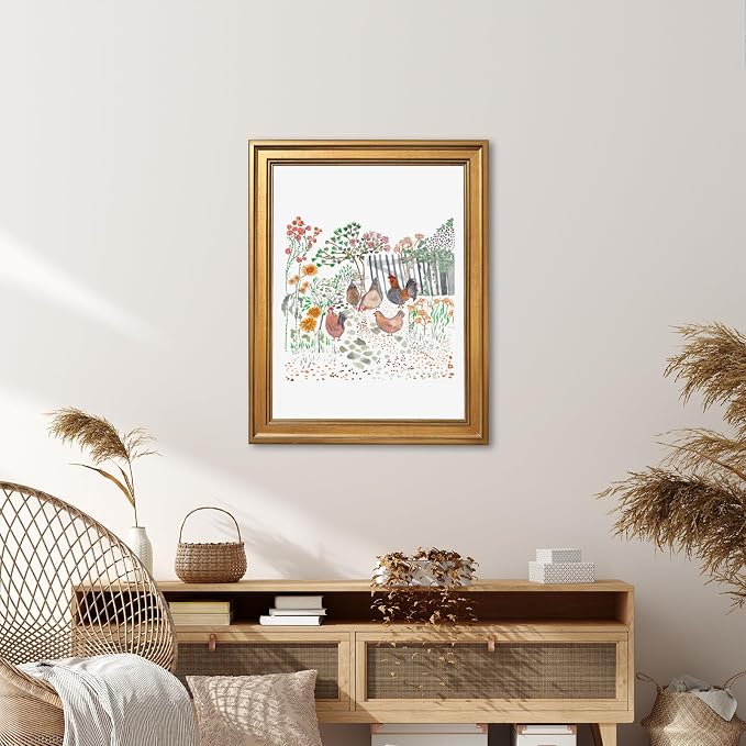 Framed Cottagecore Chicken Wall Art Painting Farmhouse Hens Print Rustic Country Farm Illustration Picture Poster Vintage Pastoral Canvas Artwork Aesthetic Cottage Home Kitchen Room Decor 16x24inch