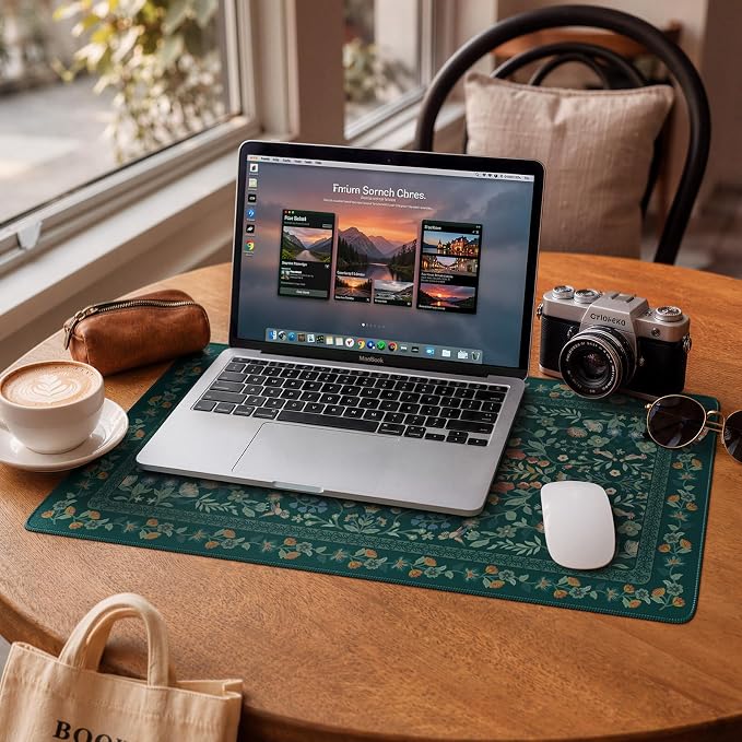 iCasso Aesthetic Flower Mouse Pad,23.6x13.7in,Deep Green | Vintage Desk Matt for Desktop, Anti-Slip Mousepad with Stitched Edges for Laptop Computer Keyboard