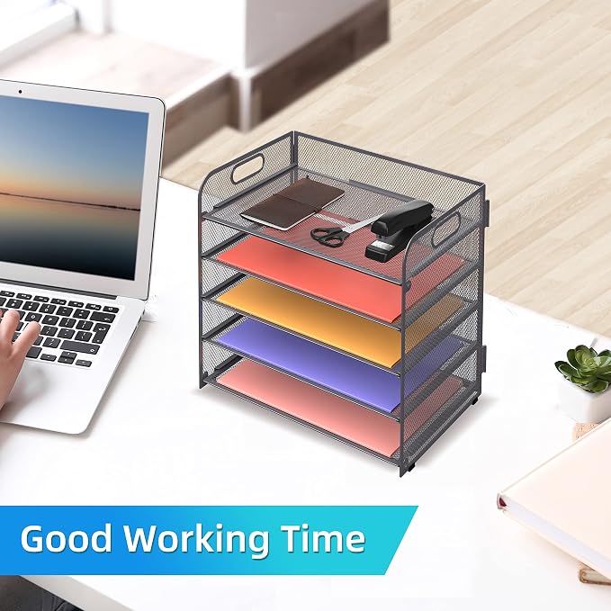 Supeasy 5 Trays Paper Organizer Letter Tray with Handle-Mesh Desk File Organizer, Grey Paper Sorter Desk Organizer for Office, Home or School