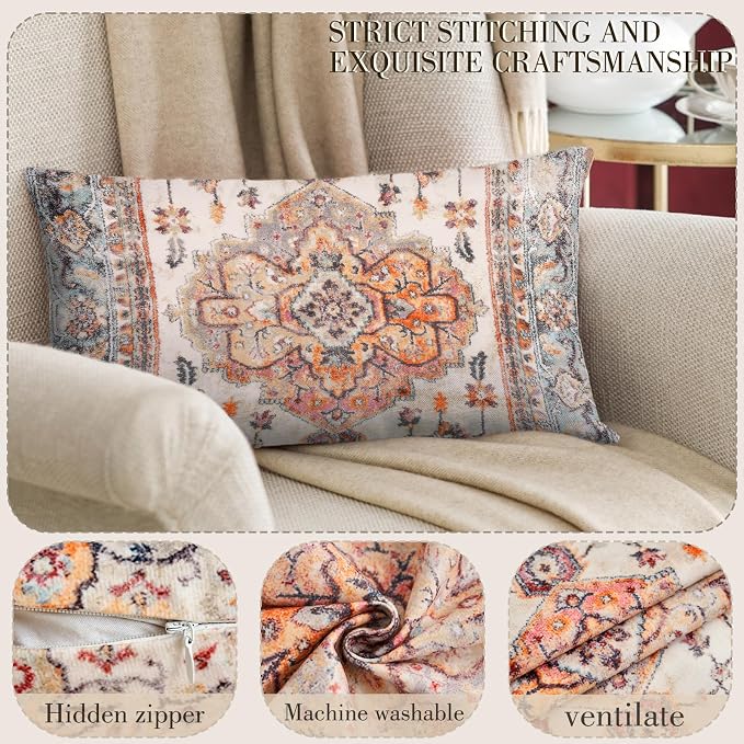 Boho Throw Pillow Covers 12x20 inch Set of 2,Boho Vintage Carpet Pattern Antique Ethnic Decor Double Sided Pattern Cushion Cover Soft Pillow Case Living Sofa Room Bed Square Pillow Cover