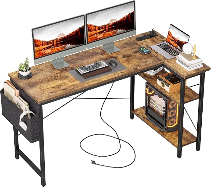 TIQLAB L Shaped Computer Desk with Power Outlets, 55 Inch Small Corner Desk with Reversible Shelves, Gaming Desk Computer Table Study Writing Desk for Home Office Small Space, Rustic Brown