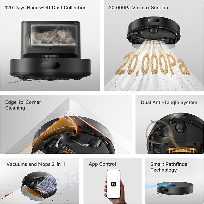 dreame D20 Air Plus Robot Vacuum and Mop, 20,000Pa Powerful Suction | 120-Day Self-Emptying with 4L Dust Bag, Anti-Tangling Tech, Edge-to-Corner Cleaning, Deep Carpet Cleaning, 360° Navigation
