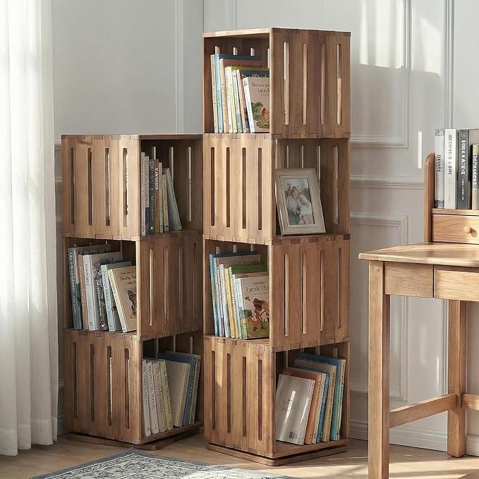 Wooden Rotating Bookshelf, 360°Spinning Deep-Bin Tower for Art Books&Large Formats, Solid Wood Revolving Bookcase, Floor Standing Storage Rack,Corner Organizer,Small Space,study,Office, 5-Tier