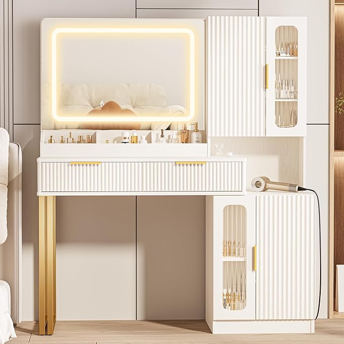 44" Modern Makeup Vanity Desk with Mirror and Lights, Makeup Vanity with 5 Shelves& 2 Drawers and Cabinet, Vanity Table with Power Outlet, 3 Color Adjustable Lighting Dressing Table Set for Bedroom