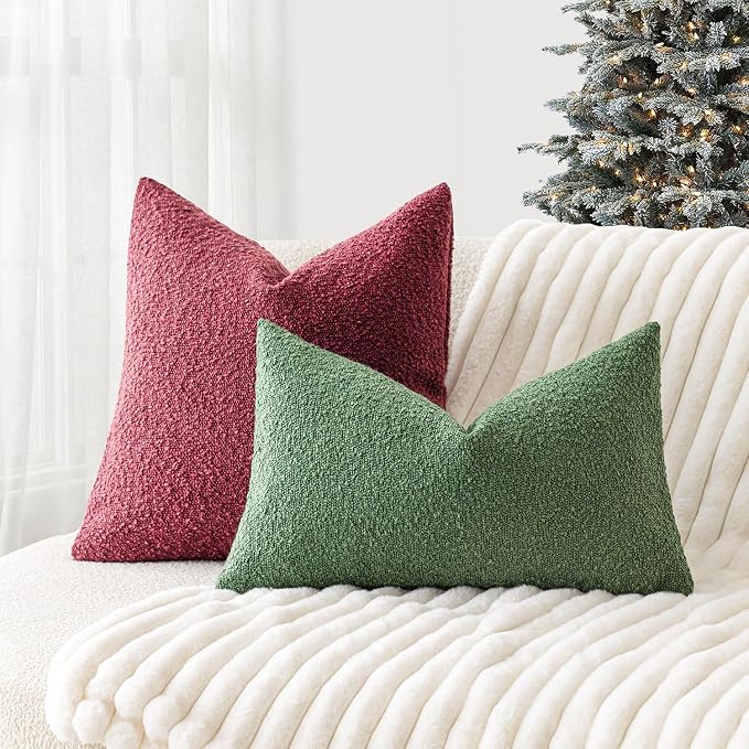 Foindtower Pack of 2 Textured Boucle Throw Pillow Covers Accent Solid Decorative Lumbar Pillow Cases Cozy Couch Cushion Case for Chair Sofa Bed Living Room Home Decor 12 x 20 Inch Hunter Green