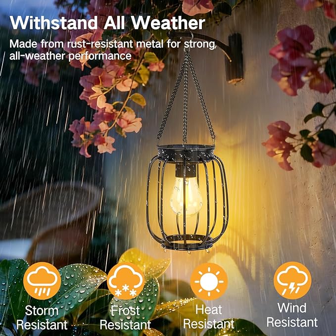 Outdoor Solar Lanterns, Waterproof Vintage Metal Hanging Lights with Warm White LED, Auto On/Off, Brighter Decorative Lanterns for Garden Patio Yard Porch, Gifts for Women Mom, 4 Pack